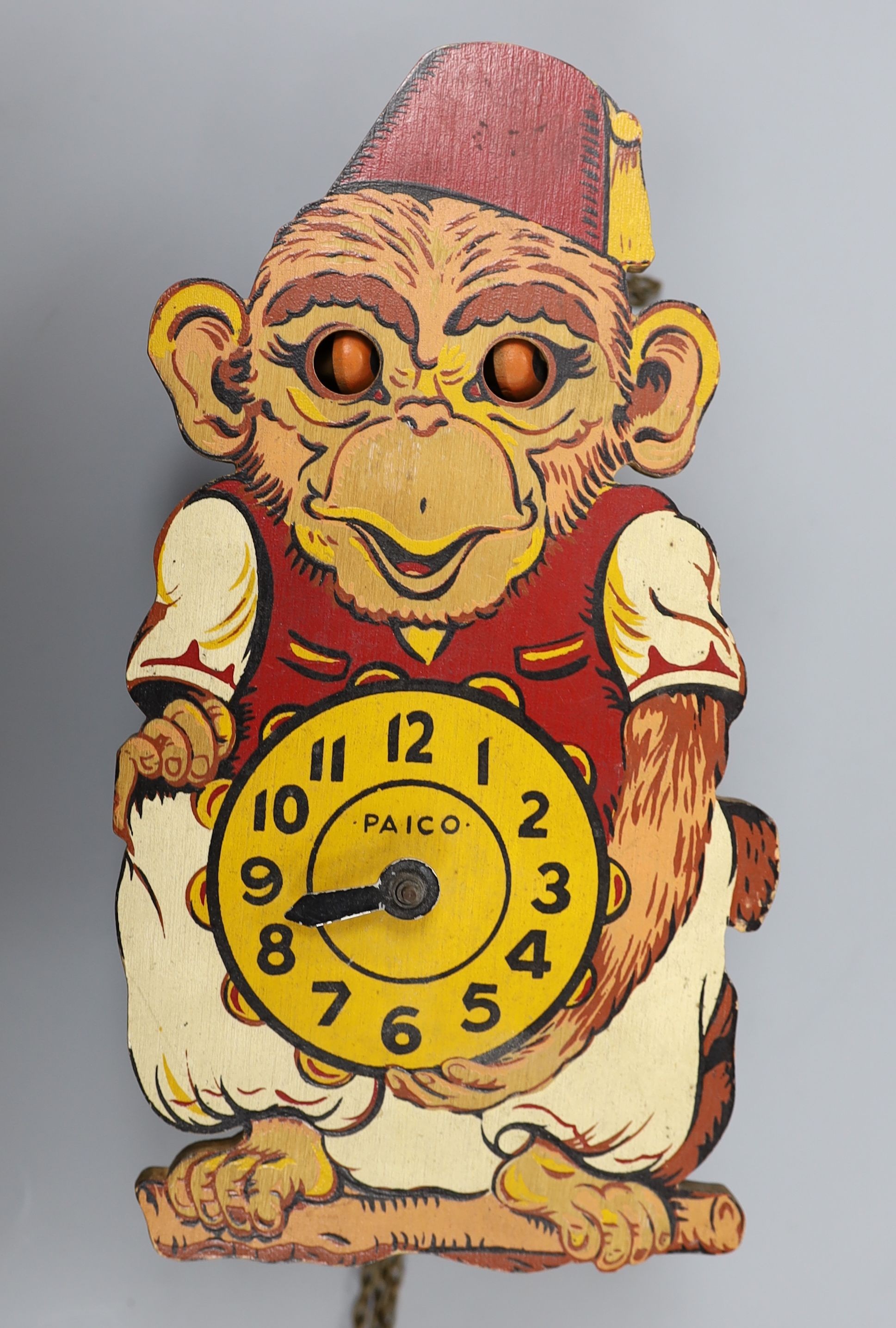 A Paico Wood and tin plate novelty monkey wall timepiece, 21cm